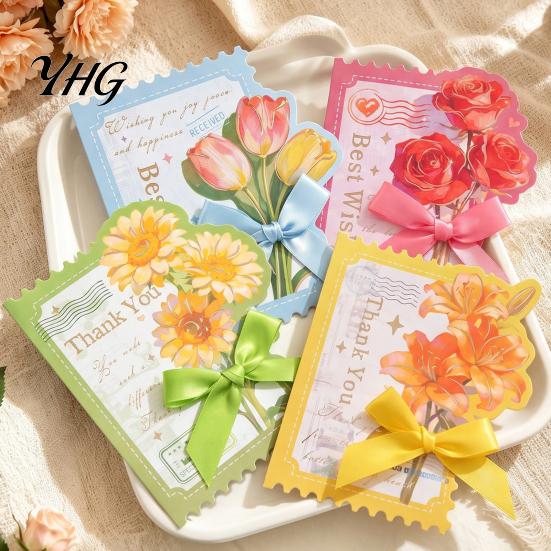 Blessing Note Cards Floral Greeting Card with Envelope, Thank You Ribbon Bow, Celebration Envelope Best Wishes for Wedding, Birthday, Baby Shower,