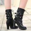 Plus Size Cross Tie Rivet Side Zipper Women's Mid-Calf Boots With Double Row Belt Buckle Ultra-High Thick Heel Breathable Boots
