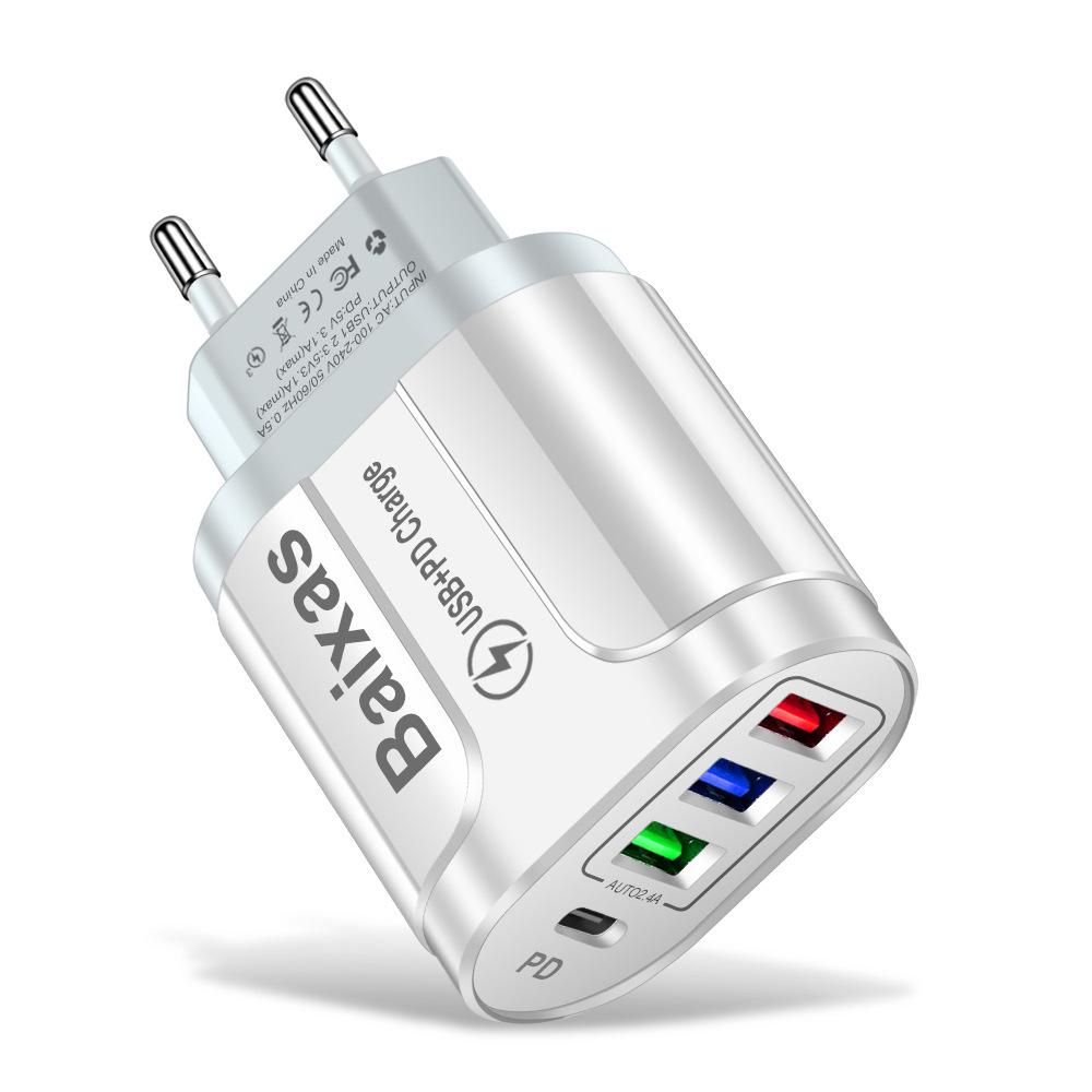 Многопортовое зарядное устройство для дома и путешествий EU/UK 3 USB + Type-C 5V/2.4A