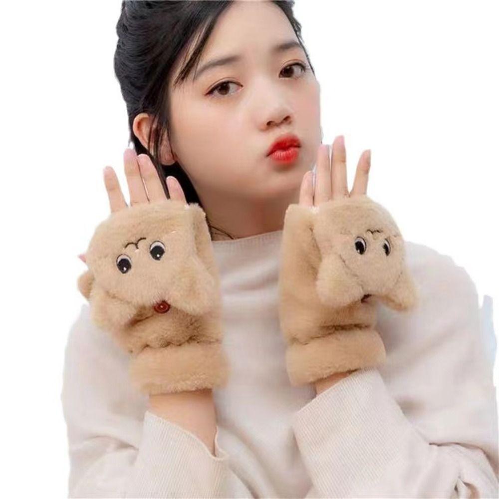 Soft Plush Fingerless Glove Cute Cat Flip Half Finger Gloves Fashion Warm Thick Gloves