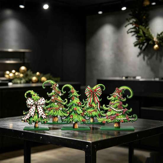 Wooden Christmas Craft Ornaments 5 Pcs Tabletop Tree Signs, Rustic Standing Green Table Centerpieces Desktop Ornament with Curly Topper for