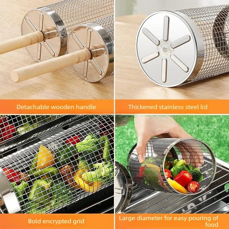 Rolling Grill Basket, Removable Wooden Handle, 304 Stainless Steel, Nesting Grilling Tools, Smoker BBQ Accessories for Vegetable
