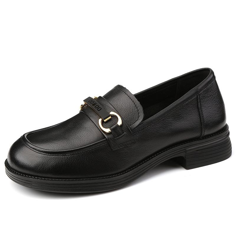 Мокасины из натуральной кожи с круглым носком, весенне-осенний женский толстый каблук, универсальные кожаные туфли большого размера, повседневная женская обувь в британском стиле