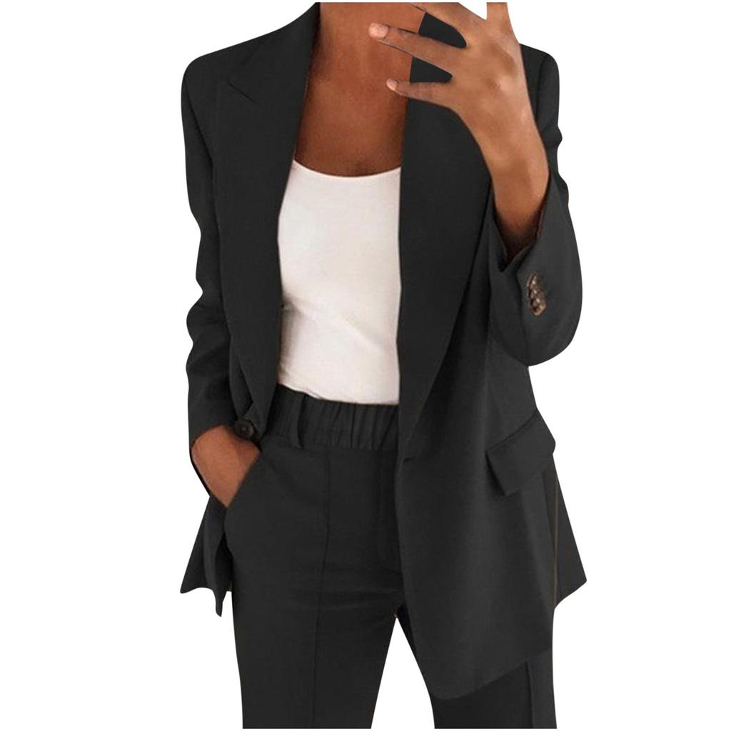 Women's Casual Long Sleeve Solid Color Lapel Cardigan Suit Jacket Pants Suit