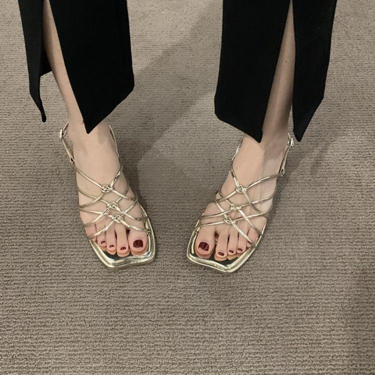 Дизайн Sense Niche Квадратная Голова Высокий Каблук Тапочки Серебряные Сандалии Женские Весенние Сандалии Модные Римские Туфли