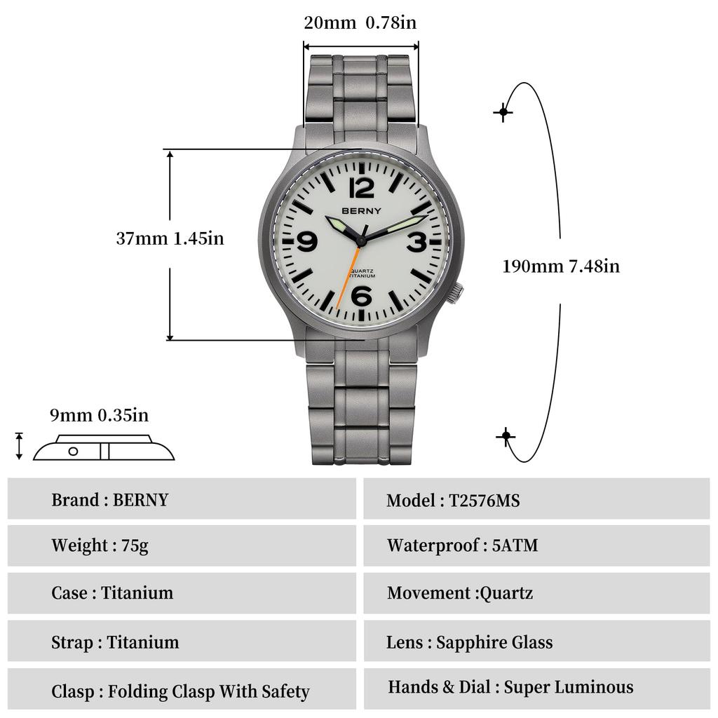 BERNY Titanium Watch Men Watch Watch Japan Sweep Seconds Quartz Movement VH31 5ATM Waterproof Analog Quartz Watch Super Luminous Sapphire Glass Men's