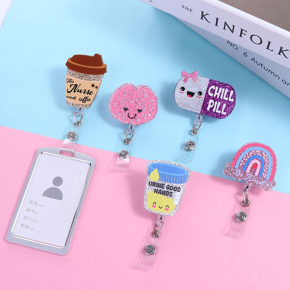 Glitter Acrylic Nurse Badge Holder Hospital Badge Holder ID Card Clips Retractable Badge Reel