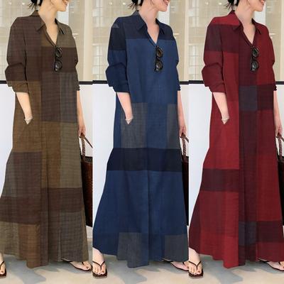 Женское повседневное свободное длинное платье-рубашка из хлопка и льна с принтом