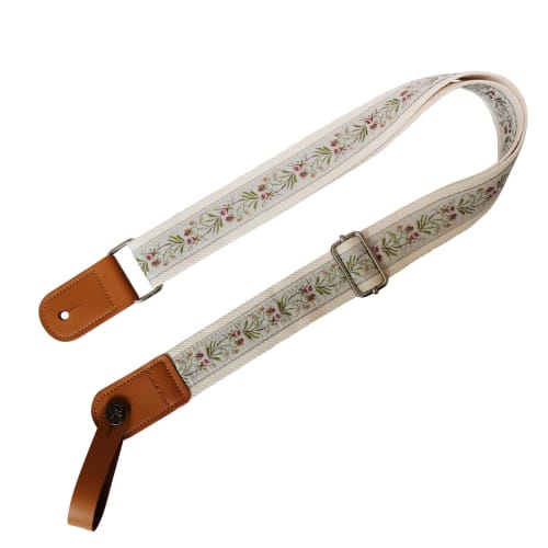 MUSIC FIRST Original Design Vintage Floral Embroidered Genuine Leather Ukulele Strap, Ukulele Shoulder Strap with Genuine Leather Strap Locker