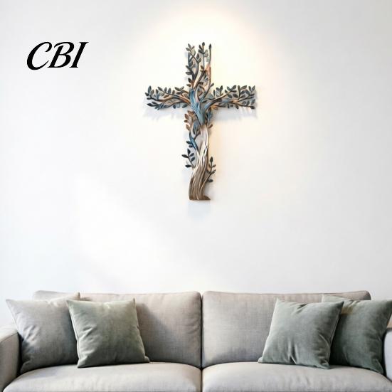 Gradient Color Metal Art Cross Wall Art, Tree of Life Hanging Crosses Of Decor Decor, for Garden Living Room Bedroom