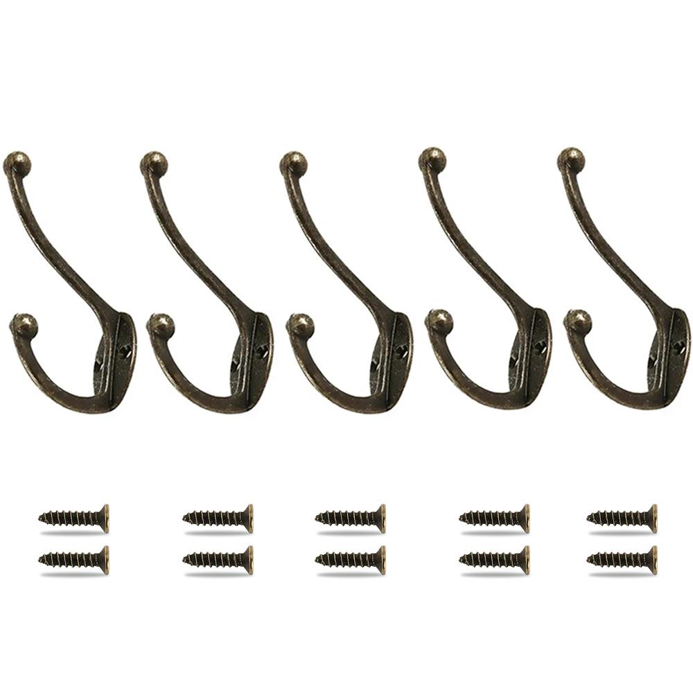 5Pcs Double Coat Hooks Wall Mounted Bathroom Coat Rack Retro Bronze Clothes Hanger Heavy Duty Door Coat Non-slip Hooks