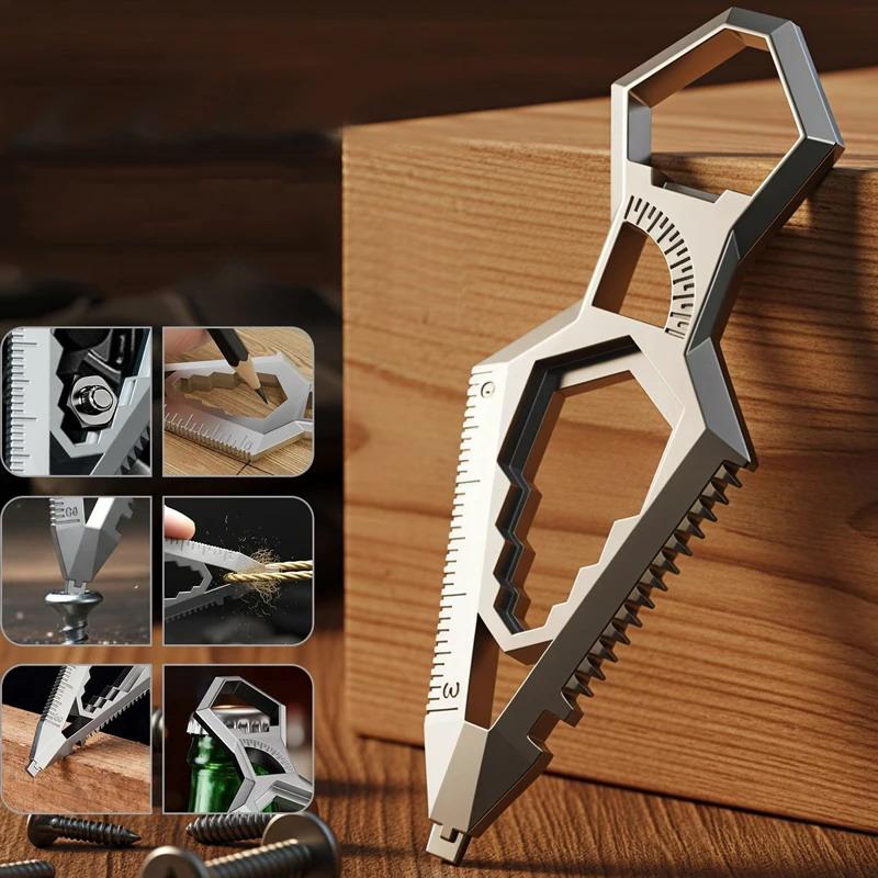 Lightweight 9-in-1 Stainless Steel Keychain Features Protractor Ruler for Easy Outdoor Access
