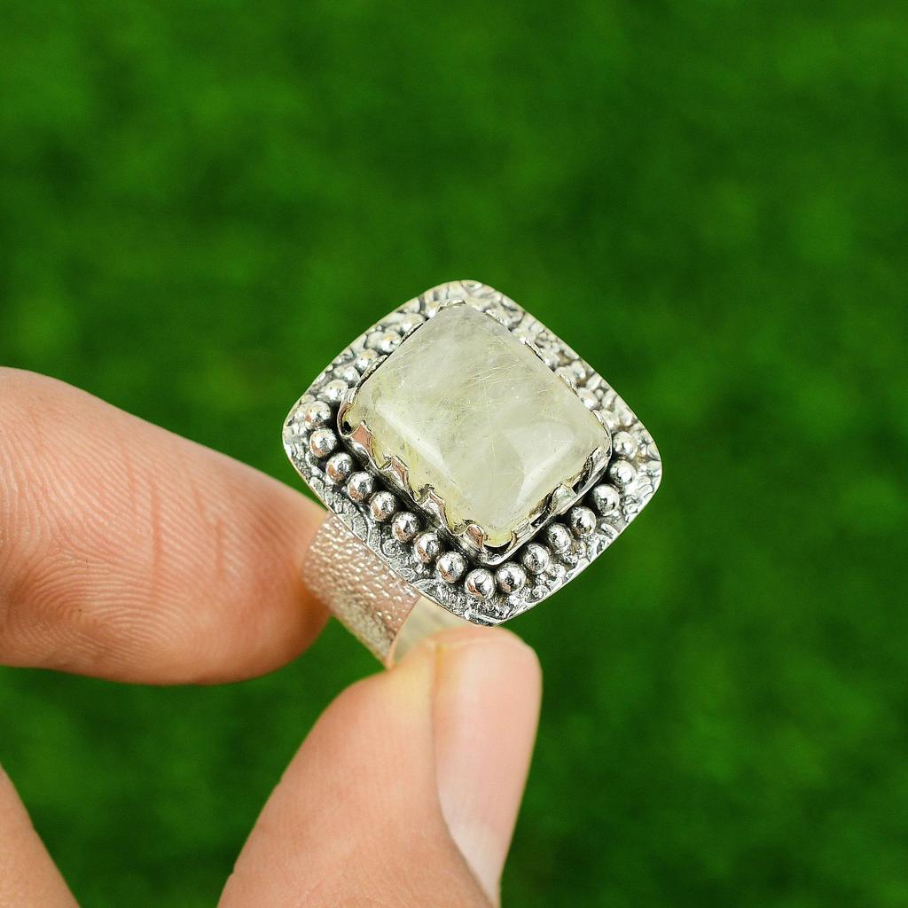 Golden Rutile Stone Promise Elegant Solitaire Ethnic Ring Sterling Silver US 9.5