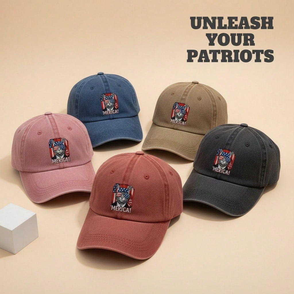 [USA Themed Baseball Cap] 'merica! Cat Graphic Print Polyester Unisex Adjustable Curved Brim Vintage Washed Baseball Hat For Festivals, Summer
