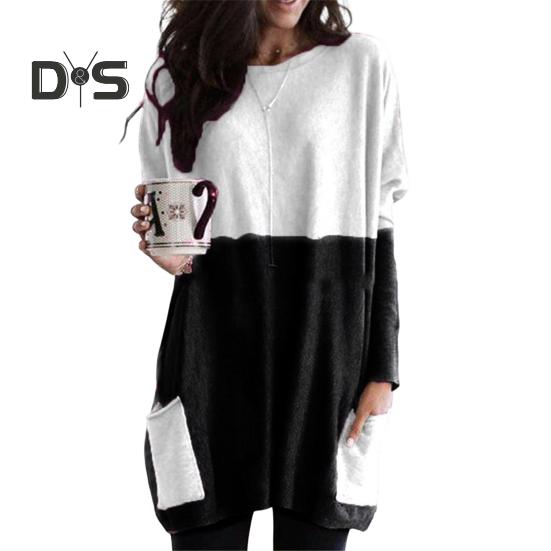 Женские топы с круглым вырезом, длинным рукавом, цветные блоки, пуловеры, топы с карманами, свободный крой, рубашка средней длины, повседневная одежда