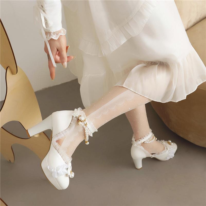 Туфли-лодочки Лолита с ремешком на щиколотке, с круглым носком на платформе, на высоком каблуке Kawaii, женская обувь с пряжкой и бантом из бисера, весна-осень