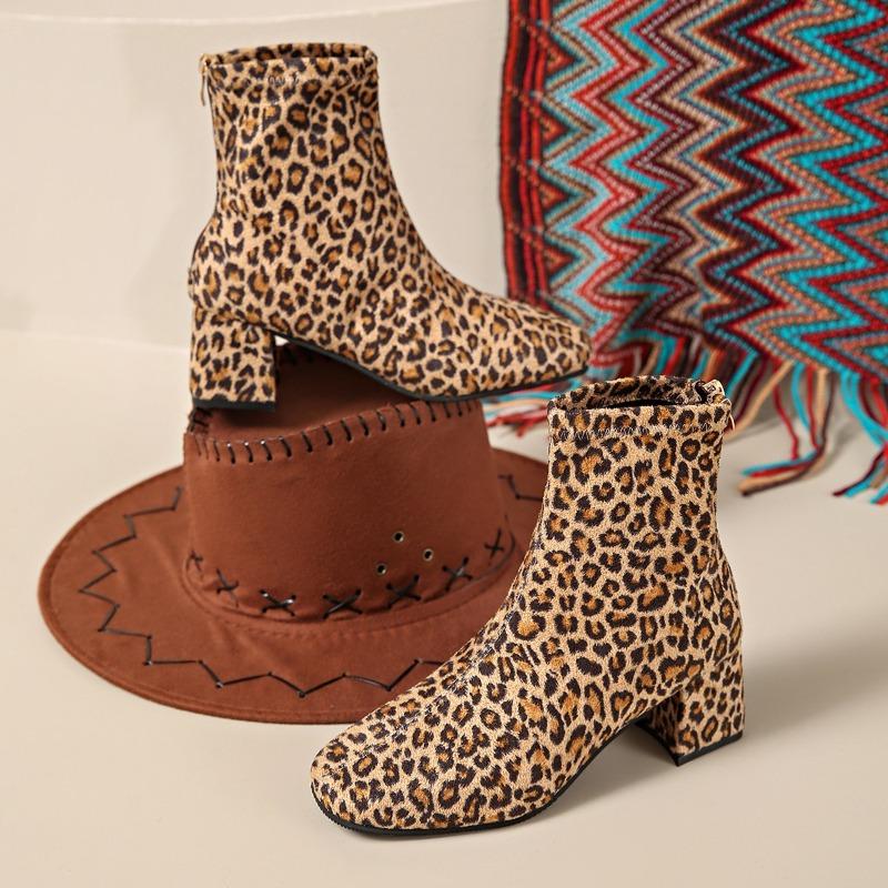 Fall New Booties Women's Paneled Rear Zipper Leopard Print Non-Slip Versatile Block Heel Non-Slip Kitten Heel Boots