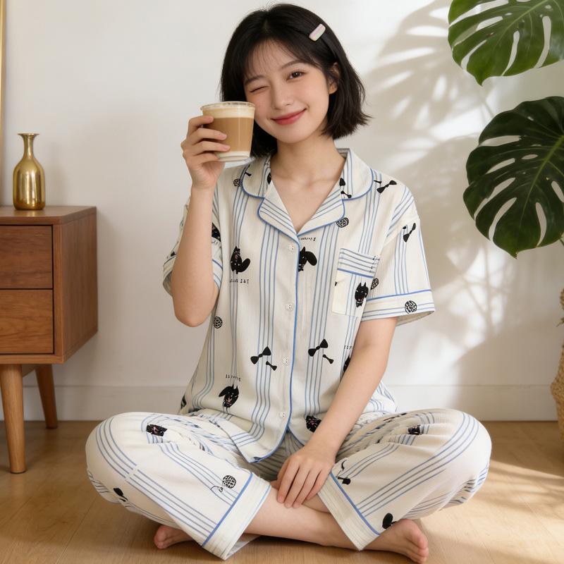 Sweet bow polka dot striped lapel cardigan wrinkled pajamas women's spring loungewear set
