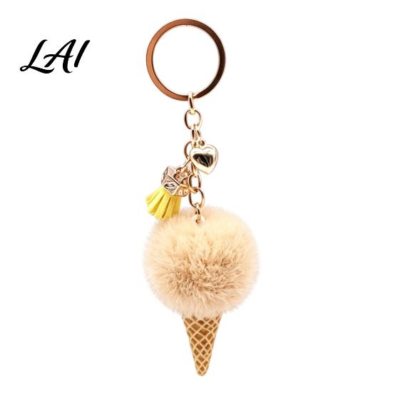 Plush Ice Cream Keychain for Backpacks Key Holder Car Fluffy Cone Bag Charm Decorative Pendant with Metal Ring Chain