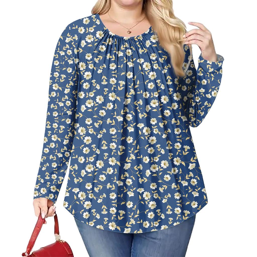 Women's Plus Size Fashion Printed Casual Pleated Round Neck Long Sleeve Top