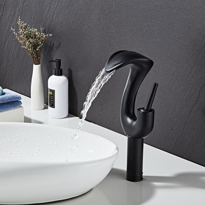 Tuqiu Black Bathroom Faucet Brass Gold Basin Faucet Cold And Hot White Waterfall Mixer Sink Tap Single Handle Deck Mounted  Tap