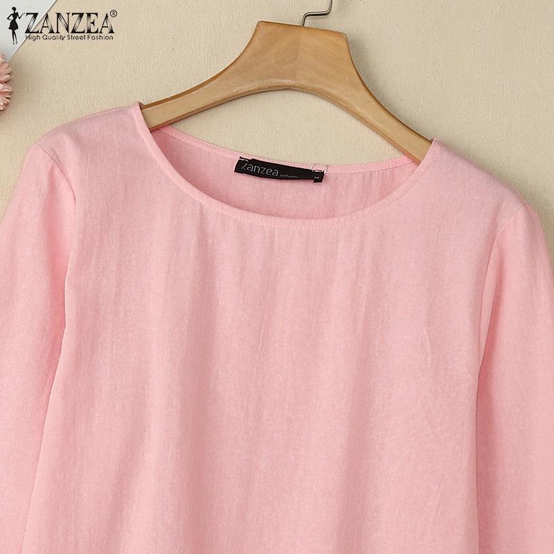 ZANZEA Женские хлопковые однотонные блузки с круглым вырезом и длинным рукавом