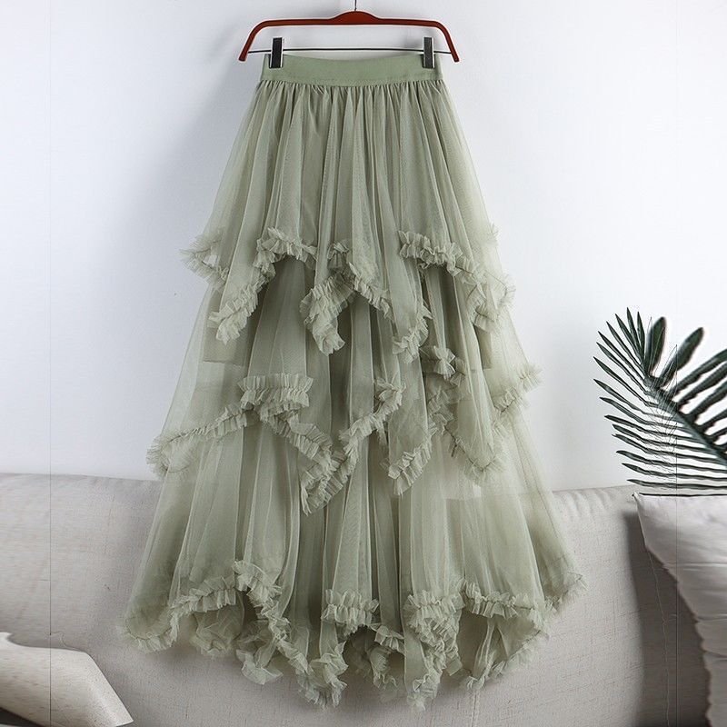 Princess Style Mesh Skirt With Ruffle Hem And High Waist For Summer Casual Wear