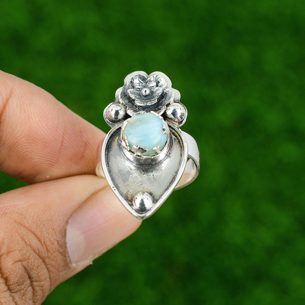 Gift For Her Natural Larimar Stackable Flower Adjustable Ring 925 Silver