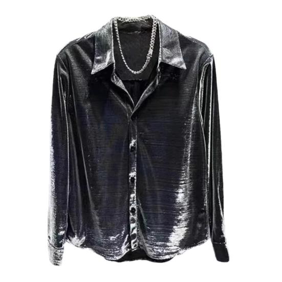 Мужская рубашка с отложным воротником, свободная, глянцевая, однобортная, с длинным рукавом, для клуба, вечеринки, повседневная, официальная рубашка