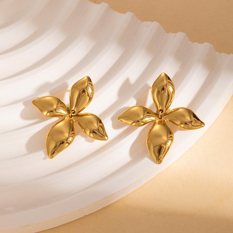 Two-Tone Gold & Silver 3D Four-Petal Flower Stainless Steel Stud Earrings for Women