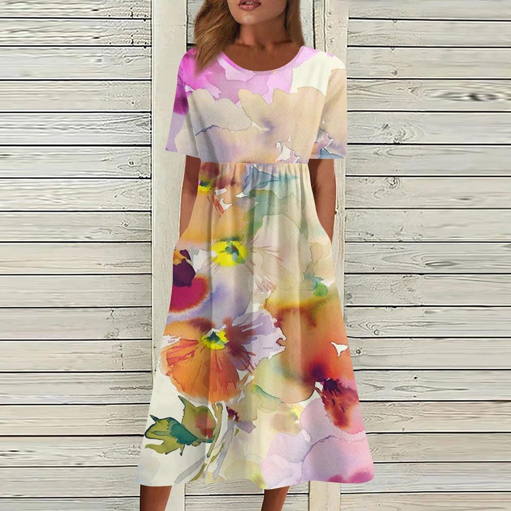 Женское струящееся платье миди в стиле бохо с цветочным принтом, повседневное свободное летнее платье с коротким рукавом для пляжного отдыха и карманами