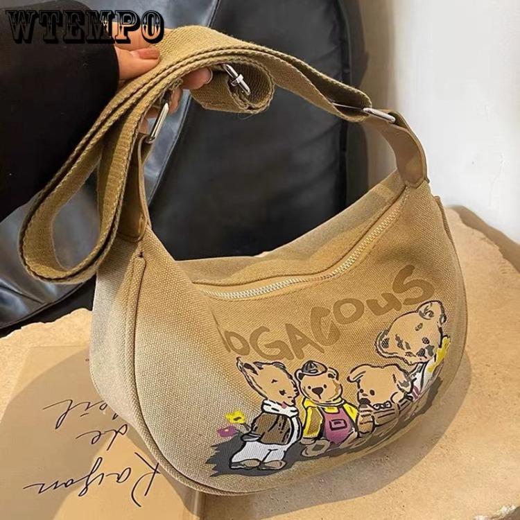 Shoulder Bag for Women Cartoon Bear Pattern Saddle Bag Fashionable Girl Canvas Dumpling Bag