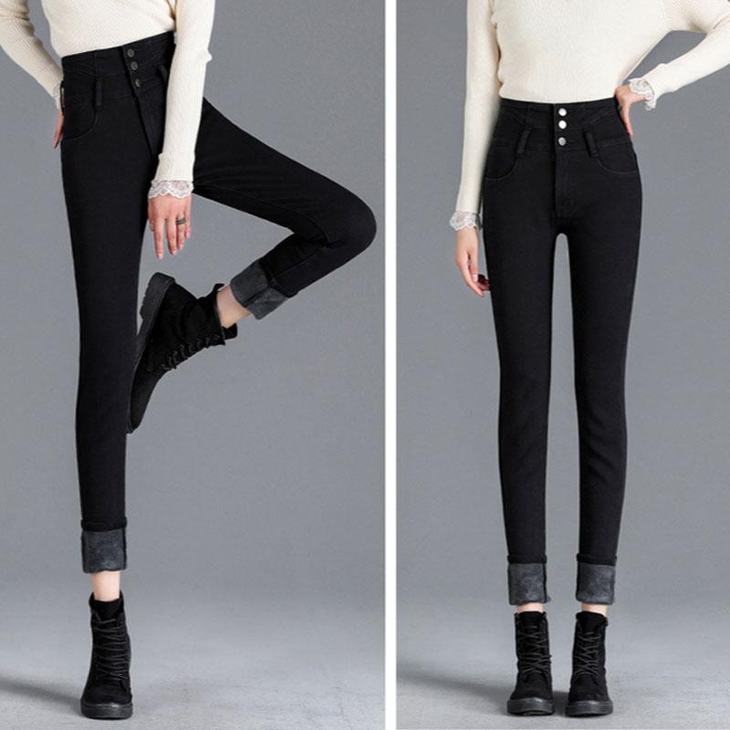 Теплые джинсовые брюки плюс утолщенные брюки из бархата с высокой талией на молнии, устойчивые к холоду, облегающие узкие брюки, джинсы женские 4XL