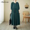 Плюс размер осень-весна женское платье большого размера с воротником Питера Пэна черно-зеленое кофейное повседневное свободное платье винтажное вельветовое платье с длинным рукавом