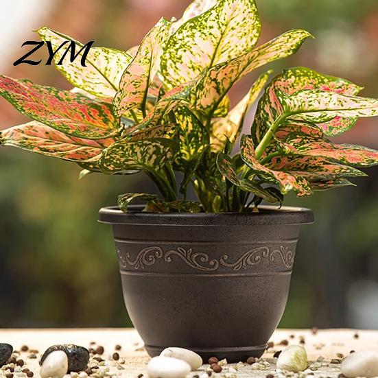 Chinese Style Planters Resin Flower Planters, Vintage Plant Pot with Drainage Hole & Saucer, Lightweight Weather Resistant Garden Pots for Indoor