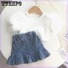 Короткая летняя джинсовая юбка для девочек, стильная юбка «рыбий хвост» для маленьких девочек, детская юбка с оборками по краю, тренд
