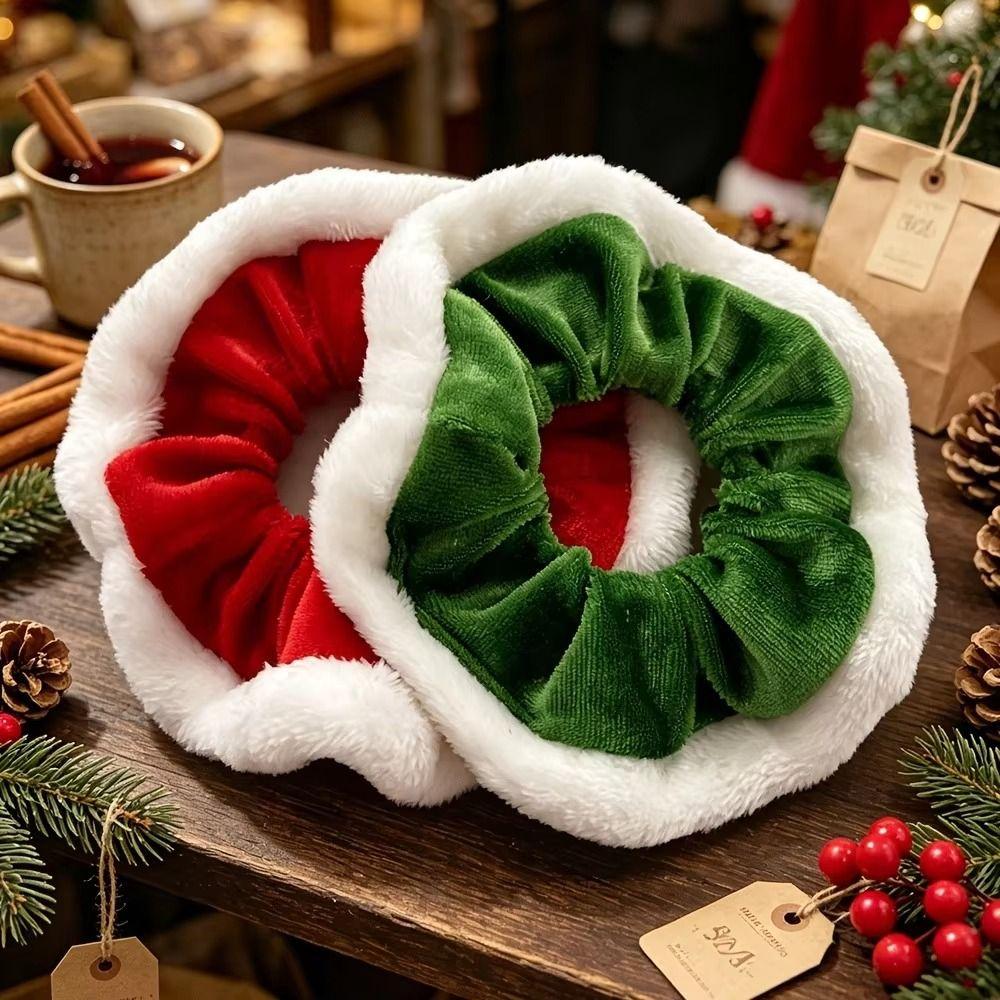 White Trim Christmas Velvet Hair Scrunchie Elastic Headwear Ornament Plush Hair Bands Holiday