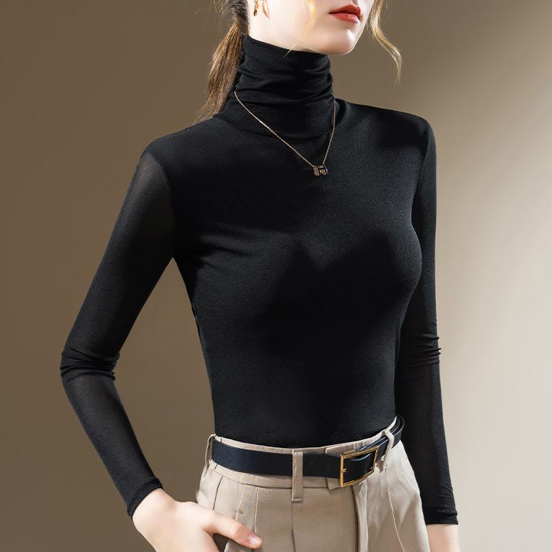 Базовая сетчатая футболка с высоким воротом для женщин Новая женская темпераментная модная футболка с длинным рукавом Нижнее белье