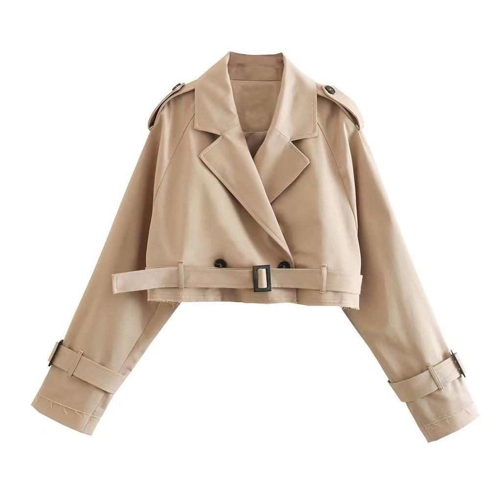 Vintage Belt Cropped Trench Jacket Women Long Sleeve Lapel Fashion Coat Autumn Winter Double Breasted Tops Female Streetwear