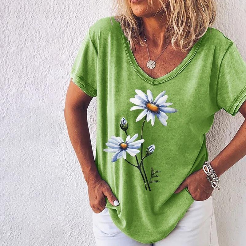 Summer V-neck 3D Little Daisy Printed Top Fashionable Casual Short Sleeved Women's T-shirts