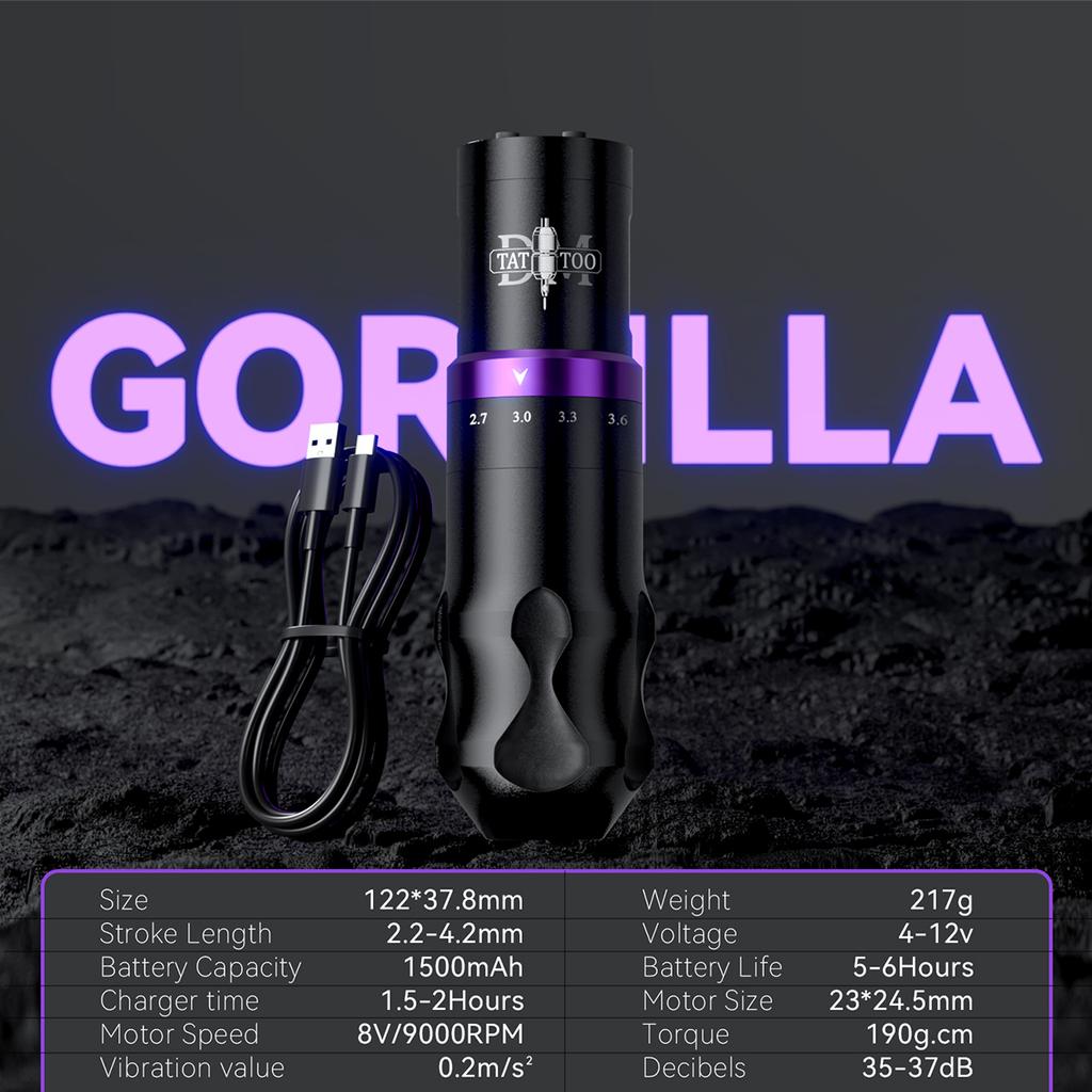 DM Gorilla Беспроводная тату-машинка с регулируемым ходом, бесщеточный мотор без сердечника, аккумулятор большой емкости 1500 мАч, перманентный макияж