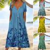 Women Summer Dress Leaf Print Mid-calf Length V-neck Pockets Pleated Daily Wear Short Sleeves Loose Hem Lady Beach Dress Women Clothing
