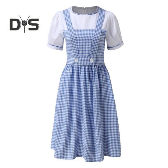 Girl's Blue Gingham Dress Kansas Girl Halloween Fancy Party Dress-up Costume Fairytale Musical Movie Character Cosplay Outfit for Kids
