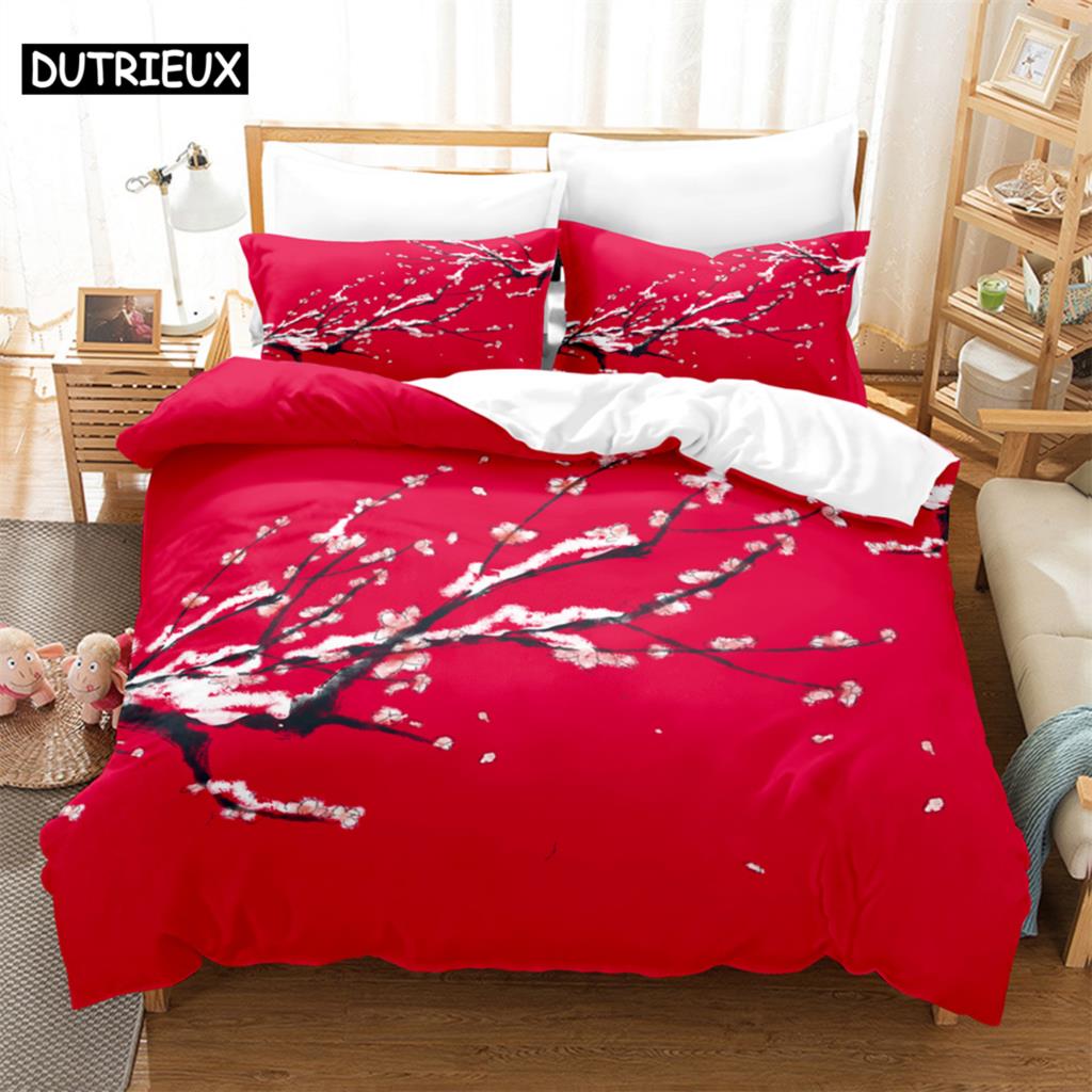 3PCS Red Winter Plum Bedding Sets Home Bedclothes Super King Cover Pillowcase Comforter Textiles Bedding Set