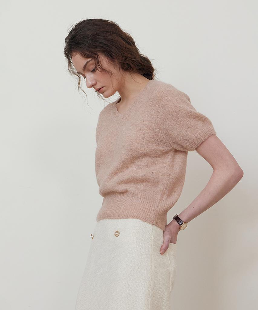 STEP AROUND Alpaca V-Neck Half Knit_Pink