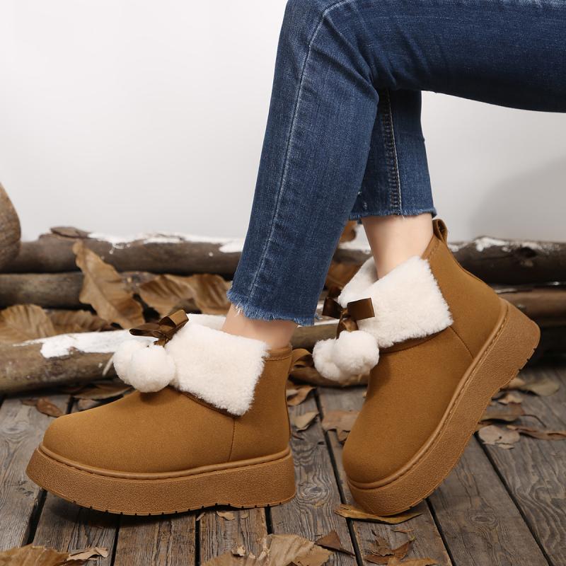 Мягкие Толстая Подошва Пушистые Зимние Ботинки Женские 2025 Зимние Массивная Платформа Пушистый Мех Ботильоны Симпатичный Плюшевый Помпон Бант Хлопковая Обувь