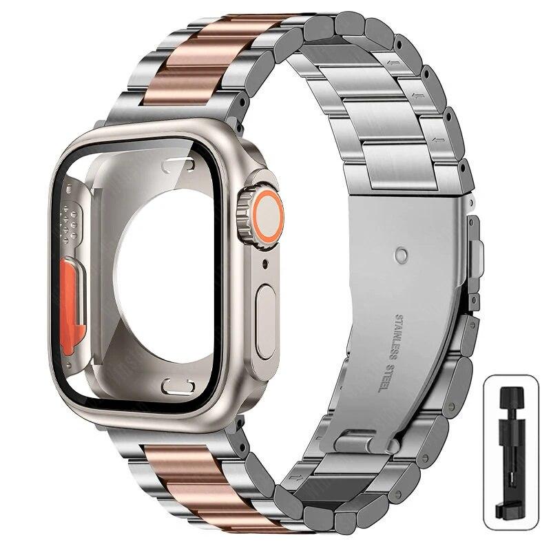 Ремешок+корпус из нержавеющей стали для Apple Watch 44мм 45мм 41мм 40мм Улучшенный ТПУ корпус Iwatch Series 9 8 7 6 SE 5 4 Металлический браслет