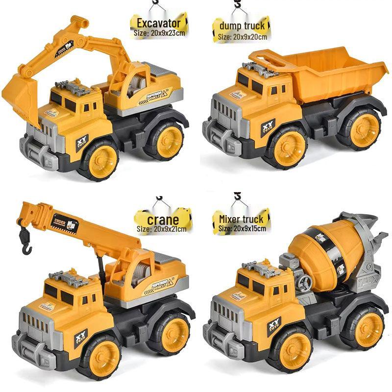 Большой набор детских инженерных машин: Инерционный миксер, Самосвал, Кран, Экскаватор, Бульдозер
