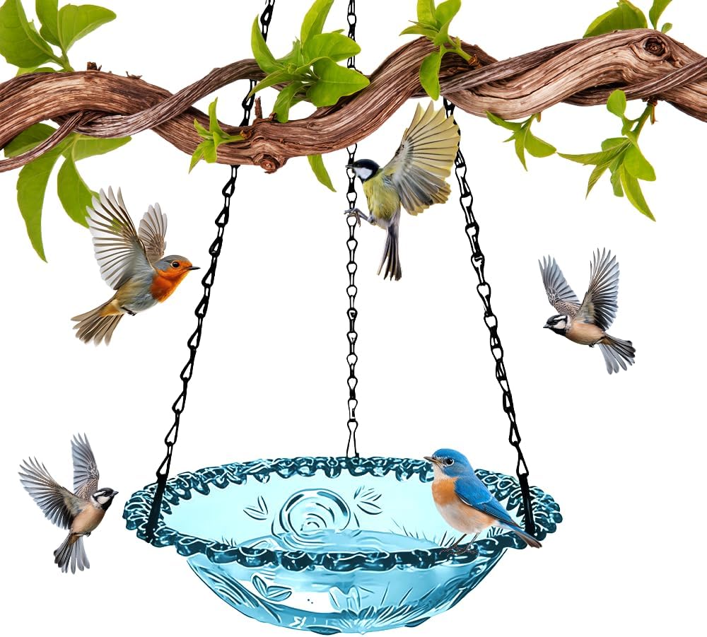 Solar waterfall hanging bird bath fountain, outdoor bird bath with solar pump and glass bowl