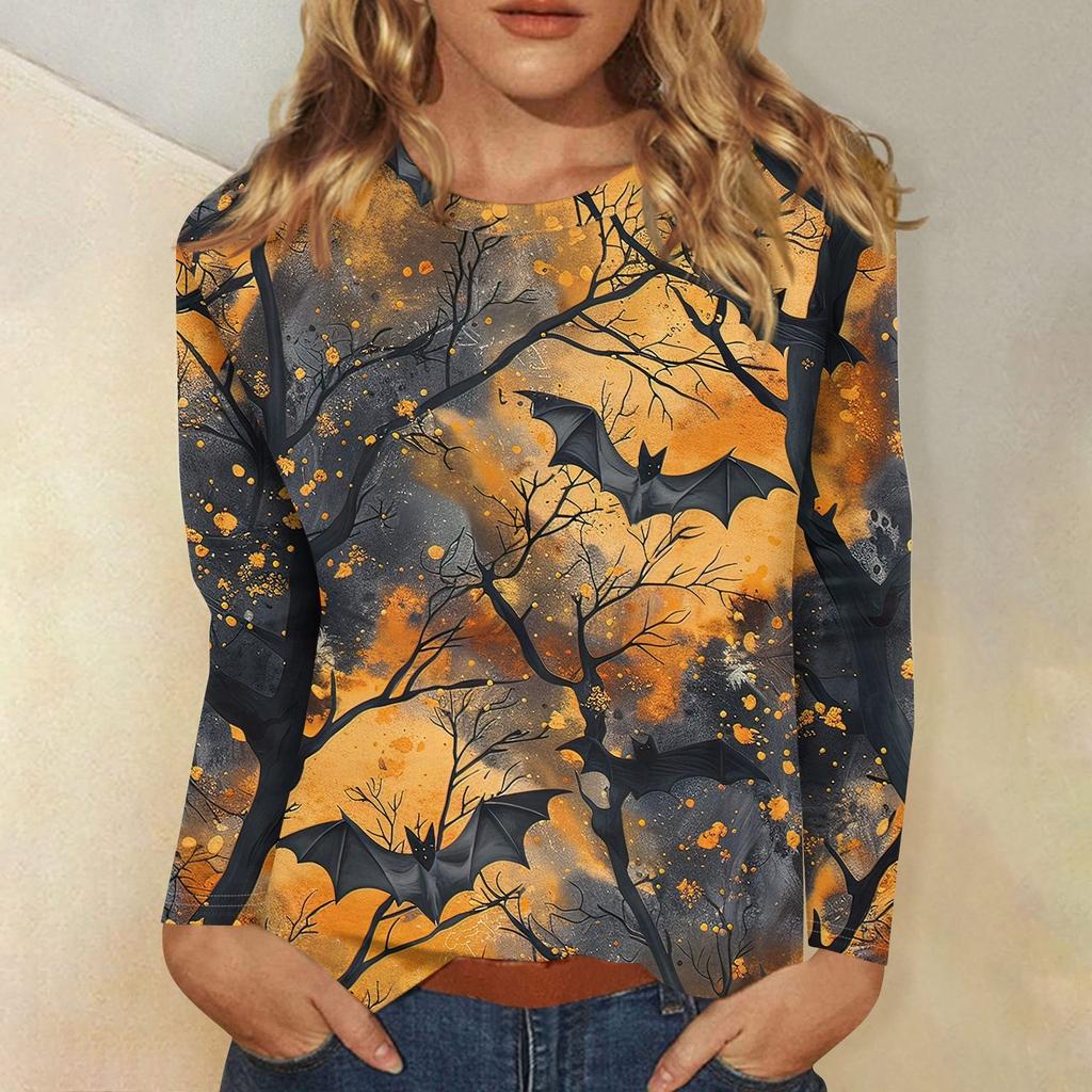 Women's Fashion Casual Halloween Printed Round Neck Long Sleeve Pullover Top